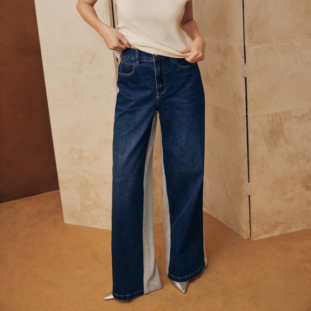 Multicolor Women's Patchwork Knit & Denim Casual Pants